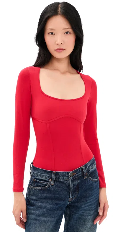 Fleur Du Mal Cotton Scoop Neck Thong Bodysuit Rouge In Red