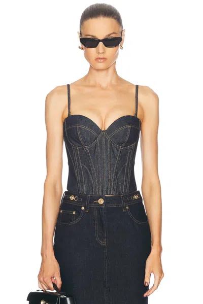 Fleur Du Mal Sweetheart Denim Bustier In Indigo Denim