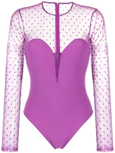Fleur Du Mal Panelled Long-sleeve Mesh Bodysuit In Purple