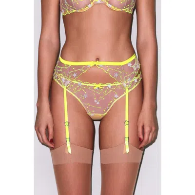 Fleur Du Mal Etoile Embroidered Mesh Garter Belt In Yellow