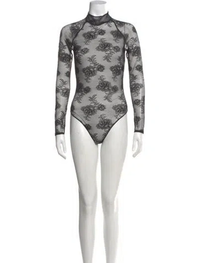 Pre-owned Fleur Du Mal Floral Print Mock Neck Bodysuit In Black
