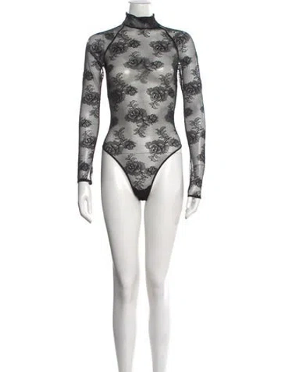 Pre-owned Fleur Du Mal Floral Print Mock Neck Bodysuit In Black