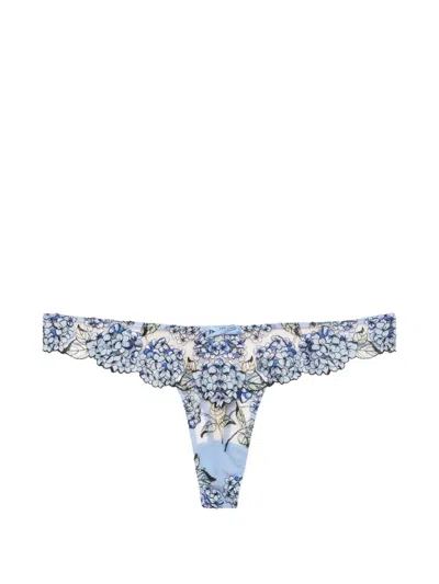 Fleur Du Mal Floral-embroidered Scalloped-edge Thong In Blue