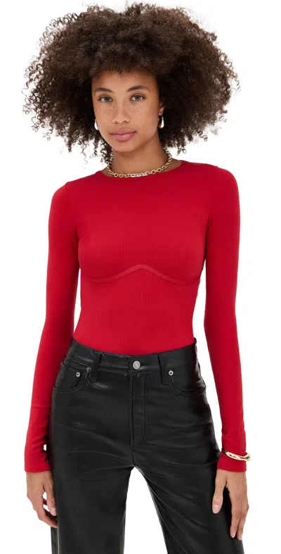 Fleur Du Mal Hourglass Rib Long Sleeve Thong Bodysuit Rouge In Red