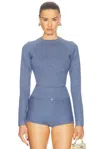 Fleur Du Mal Knit Underbust Long Sleeve Top In Charcoal Blue