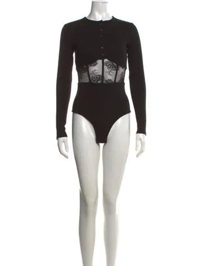 Pre-owned Fleur Du Mal Lace Pattern Crew Neck Bodysuit W/ Tags In Black