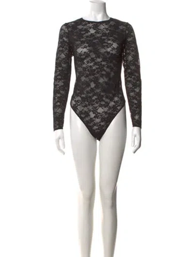 Pre-owned Fleur Du Mal Lace Pattern Crew Neck Bodysuit W/ Tags In Black