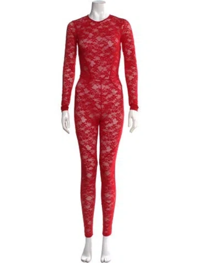 Pre-owned Fleur Du Mal Lace Pattern Crew Neck Jumpsuit In Red