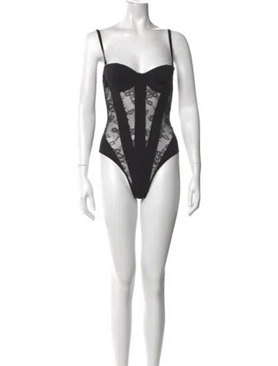 Pre-owned Fleur Du Mal Lace Pattern Plunge Neckline Bodysuit In Black