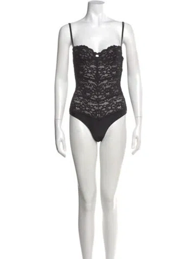 Pre-owned Fleur Du Mal Lace Pattern Square Neckline Bodysuit In Black