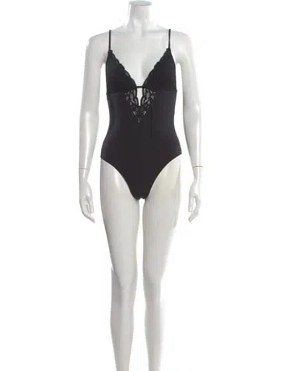 Pre-owned Fleur Du Mal Lace Pattern V-neck Bodysuit In Black