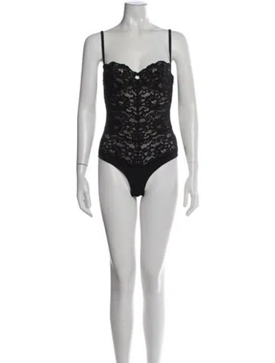 Pre-owned Fleur Du Mal Lace Pattern V-neck Bodysuit In Black