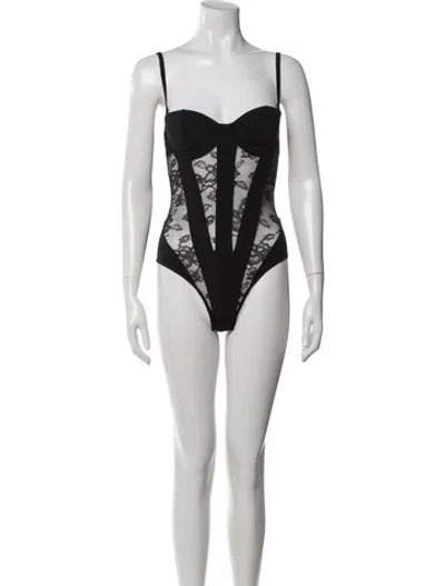 Pre-owned Fleur Du Mal Lace Pattern V-neck Bodysuit W/ Tags In Black