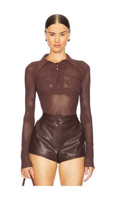 Fleur Du Mal Lace Pointelle Collared Bodysuit In Brown