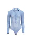 Fleur Du Mal Lace Pointelle Collared Bodysuit In Slate Blue