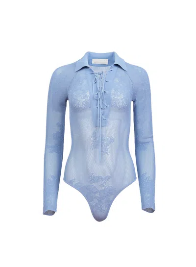Fleur Du Mal Lace Pointelle Collared Bodysuit In Slate Blue