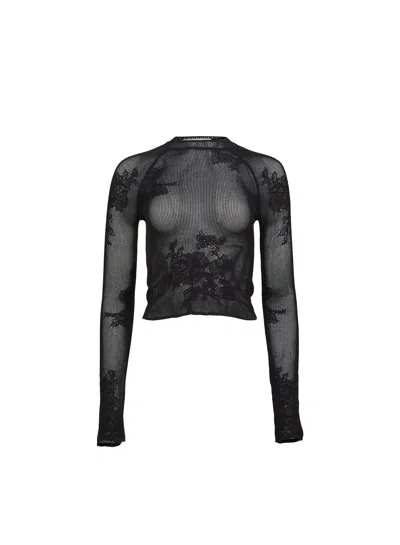 Fleur Du Mal Lace Pointelle Long Sleeve Top In Black