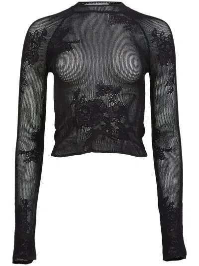 Fleur Du Mal Lace Pointelle Long Sleeve Top In Black