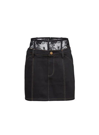 Fleur Du Mal Lace-waistband Denim Miniskirt In Black