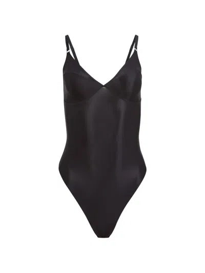Fleur Du Mal Le Stretch Gloss Wireless Bodysuit V-neck Bodysuit In Black