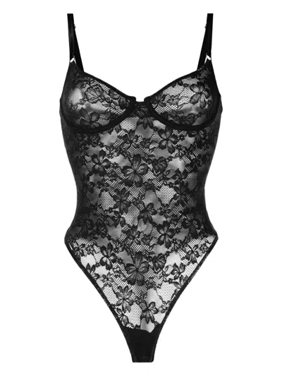 Fleur Du Mal Le Stretch Floral-lace Bodysuit In Black