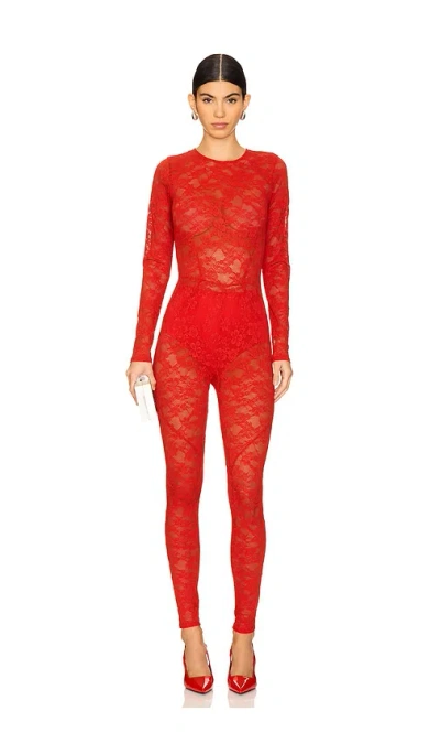Fleur Du Mal Le Stretch Lace Catsuit In 루즈