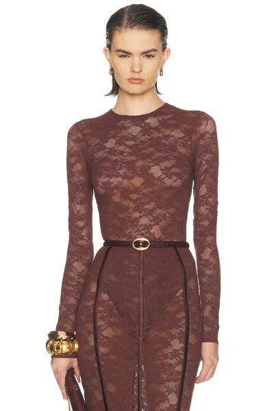 Fleur Du Mal Le Stretch Lace Long Sleeve Bodysuit In Cocoa Plum