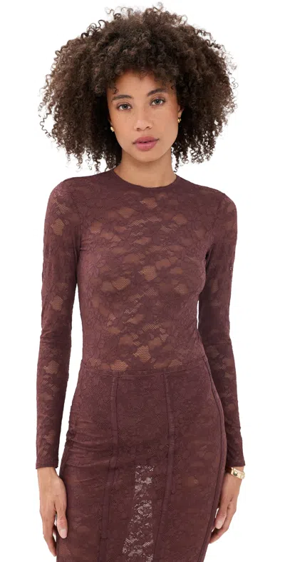 Fleur Du Mal Le Stretch Lace Thong Bodysuit Cocoa Plum