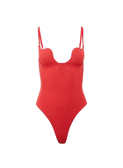 Fleur Du Mal Le Stretch Micro Seduce U-plunge Bodysuit In Red