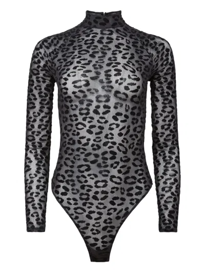 Fleur Du Mal Leopard Flocked Bodysuit In Black