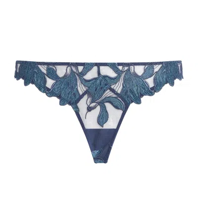 Fleur Du Mal Lily Embroidered Hipster Thong In Blue
