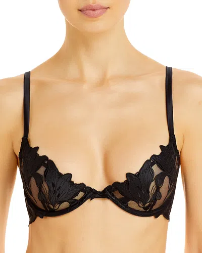 Fleur Du Mal Black Lily Embroidery Plunge Demi Bra In 0100 Black