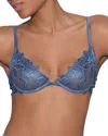 Fleur Du Mal Lily Embroidered Plunge Demi Bra In Spring Demin