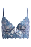 Fleur Du Mal Lily Embroidered Underwire Plunge Longline Demi Bra In Blue