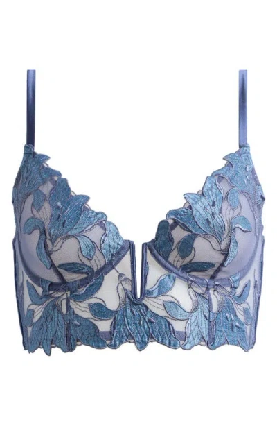 Fleur Du Mal Lily Embroidered Underwire Plunge Longline Demi Bra In Blue