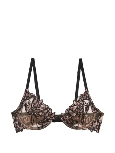 Fleur Du Mal Lily Embroidery Plunge Demi Bra In Brown