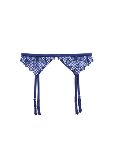 Fleur Du Mal Lily Embroidery Garter Belt In Starry Blue Gingham