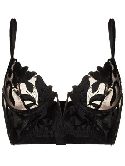 Fleur Du Mal Black Lily Embroidery Longline Demi Bra