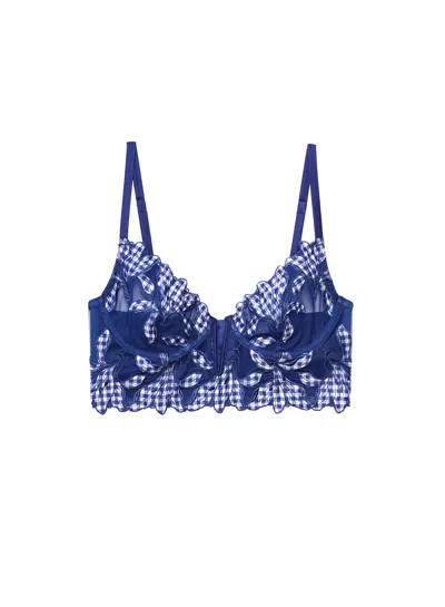 Fleur Du Mal Lily Embroidery Longline Demi Bra In Starry Blue Gingham