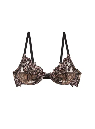 Fleur Du Mal Lily Embroidery Plunge Demi Bra In Brown