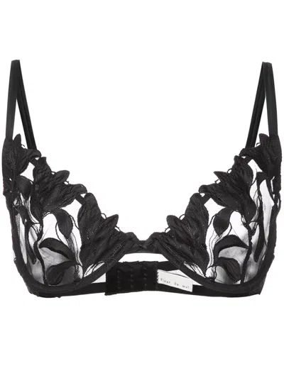 Fleur Du Mal Black Lily Embroidery Plunge Demi Bra In 0100 Black
