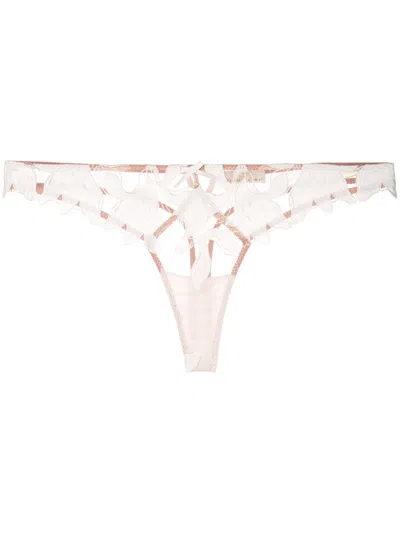 Fleur Du Mal Lily Satin-trimmed Embroidered Stretch-tulle Thong In Ivory