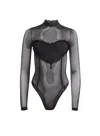 Fleur Du Mal Mesh Ruffle Heart Bodysuit In Black