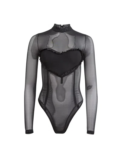 Fleur Du Mal Mesh Ruffle Heart Bodysuit In Black