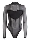 Fleur Du Mal Mesh Ruffle Heart Bodysuit In Black