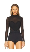 Fleur Du Mal Mesh Ruffle Heart Bodysuit In Black