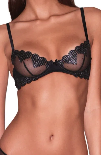 Fleur Du Mal Metallic Heart Embroidered Underwire Demi Bra In Black
