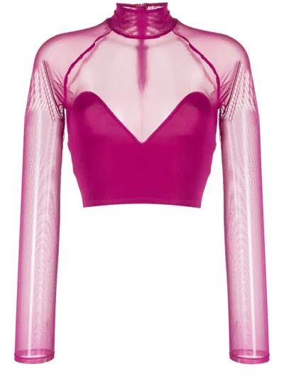 Fleur Du Mal Mesh Mock-neck Crop Top In Purple