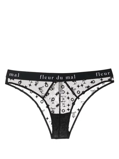 Fleur Du Mal Cheeky Monogram-embroidered Sheer Briefs In Black
