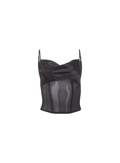 Fleur Du Mal Nora Satin-panelled Corset Top In Black